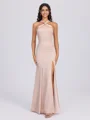Sheath Halter Pleated Floor-Length Charmeuse Bridesmaid Dress