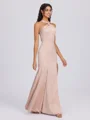 Sheath Halter Pleated Floor-Length Charmeuse Bridesmaid Dress