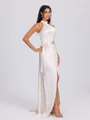 Sheath Halter Sash/Ribbon/Belt Sweep Train Silk Like Satin Bridesmaid Dress