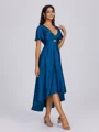 A-line V-neck Short Sleeves Pleated Asymmetrical Satin Chiffon Convertible Bridesmaid Dress