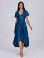 A-line V-neck Short Sleeves Pleated Asymmetrical Satin Chiffon Convertible Bridesmaid Dress