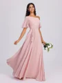 A-line Short Sleeves Ruffles Floor-Length Chiffon Bridesmaid Dress