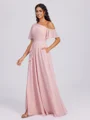 A-line Short Sleeves Ruffles Floor-Length Chiffon Bridesmaid Dress