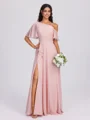 A-line Short Sleeves Ruffles Floor-Length Chiffon Bridesmaid Dress