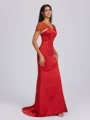 Sheath V-neck Short Sleeves Sweep Train Satin Bridesmaid Dress