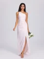 Sheath One-Shoulder Pleated Floor-Length Silk Like Satin Bridesmaid Dress