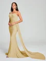 Sheath/Column One-Shoulder Sweep/Brush Train Sleeveless Jersey Bridesmaid Dress