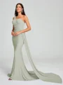 Sheath/Column One-Shoulder Sweep/Brush Train Sleeveless Jersey Bridesmaid Dress