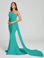 Sheath/Column One-Shoulder Sweep/Brush Train Sleeveless Jersey Bridesmaid Dress