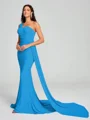 Sheath/Column One-Shoulder Sweep/Brush Train Sleeveless Jersey Bridesmaid Dress