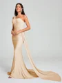 Sheath/Column One-Shoulder Sweep/Brush Train Sleeveless Jersey Bridesmaid Dress