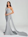 Sheath/Column One-Shoulder Sweep/Brush Train Sleeveless Jersey Bridesmaid Dress