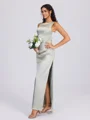 Sheath Scoop Pleated Floor-Length Silk Like Satin Bridesmaid Dress