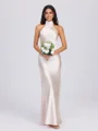 Sheath Halter Bow Floor-Length Silk Like Satin Bridesmaid Dress