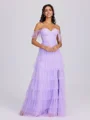A-line Off-the-Shoulder Cascading Ruffles Floor-Length Tulle Corset Bridesmaid Dress