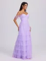 A-line Off-the-Shoulder Cascading Ruffles Floor-Length Tulle Corset Bridesmaid Dress