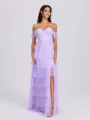 A-line Off-the-Shoulder Cascading Ruffles Floor-Length Tulle Corset Bridesmaid Dress
