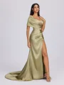 Sheath Off-the-Shoulder Pleated Court Train Silk Like Satin Bridesmaid Dress