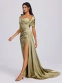 Sheath Off-the-Shoulder Pleated Court Train Silk Like Satin Bridesmaid Dress
