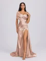 Sheath Off-the-Shoulder Pleated Court Train Silk Like Satin Bridesmaid Dress