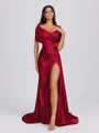 Sheath Off-the-Shoulder Pleated Court Train Silk Like Satin Bridesmaid Dress