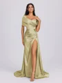 Sheath Off-the-Shoulder Pleated Court Train Silk Like Satin Bridesmaid Dress