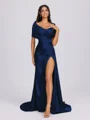 Sheath Off-the-Shoulder Pleated Court Train Silk Like Satin Bridesmaid Dress
