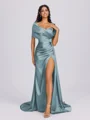 Sheath Off-the-Shoulder Pleated Court Train Silk Like Satin Bridesmaid Dress