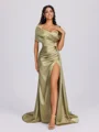 Sheath Off-the-Shoulder Pleated Court Train Silk Like Satin Bridesmaid Dress