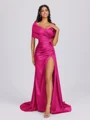 Sheath Off-the-Shoulder Pleated Court Train Silk Like Satin Bridesmaid Dress