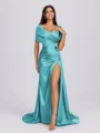 Sheath Off-the-Shoulder Pleated Court Train Silk Like Satin Bridesmaid Dress