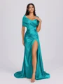 Sheath Off-the-Shoulder Pleated Court Train Silk Like Satin Bridesmaid Dress