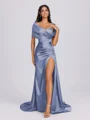 Sheath Off-the-Shoulder Pleated Court Train Silk Like Satin Bridesmaid Dress