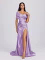 Sheath Off-the-Shoulder Pleated Court Train Silk Like Satin Bridesmaid Dress