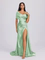 Sheath Off-the-Shoulder Pleated Court Train Silk Like Satin Bridesmaid Dress