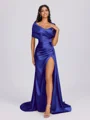 Sheath Off-the-Shoulder Pleated Court Train Silk Like Satin Bridesmaid Dress