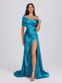 Sheath Off-the-Shoulder Pleated Court Train Silk Like Satin Bridesmaid Dress