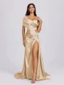 Sheath Off-the-Shoulder Pleated Court Train Silk Like Satin Bridesmaid Dress