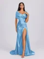 Sheath Off-the-Shoulder Pleated Court Train Silk Like Satin Bridesmaid Dress