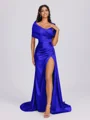 Sheath Off-the-Shoulder Pleated Court Train Silk Like Satin Bridesmaid Dress