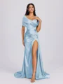 Sheath Off-the-Shoulder Pleated Court Train Silk Like Satin Bridesmaid Dress