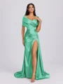 Sheath Off-the-Shoulder Pleated Court Train Silk Like Satin Bridesmaid Dress