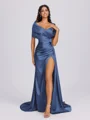Sheath Off-the-Shoulder Pleated Court Train Silk Like Satin Bridesmaid Dress