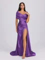 Sheath Off-the-Shoulder Pleated Court Train Silk Like Satin Bridesmaid Dress