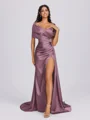 Sheath Off-the-Shoulder Pleated Court Train Silk Like Satin Bridesmaid Dress