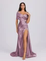 Sheath Off-the-Shoulder Pleated Court Train Silk Like Satin Bridesmaid Dress