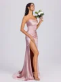 Sheath One-Shoulder Pleated Sweep Train Silk Like Satin Bridesmaid Dress