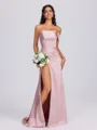 Sheath One-Shoulder Pleated Sweep Train Silk Like Satin Bridesmaid Dress