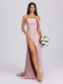 Sheath One-Shoulder Pleated Sweep Train Silk Like Satin Bridesmaid Dress