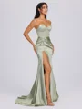 Sheath Sweetheart Pleated Sweep Train Silk Like Satin Corset Bridesmaid Dress